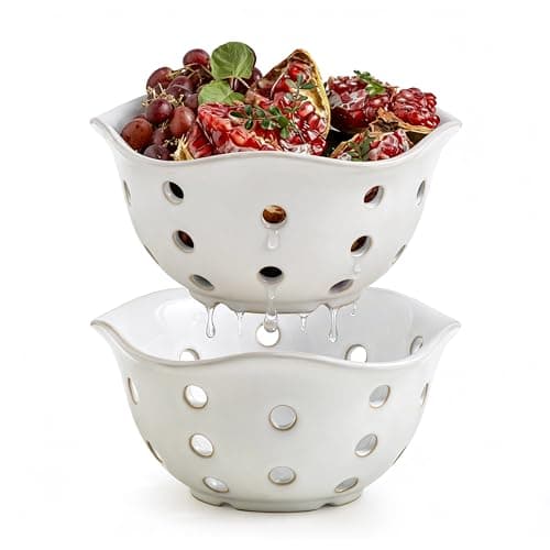 Gomakren Fruit Basket Set of 2, Ceramic Fruit Bowl Berry Basket with Holes, 7.6 Inch Fruit Containers Colander for Fridge - Farmhouse Kitchen Decor, White - Image 1