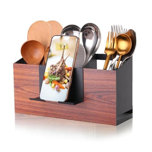 UPODA Utensil Holder Large Iron Flatware Container with 3 Compartments Countertop Wall-mounted Kitchen Utensil Storage (Black) - Image 1