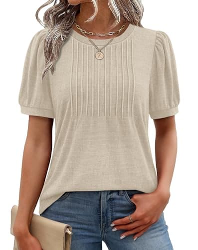 XIEERDUO Plus Size Spring Clothes for Women Spring Tops Short Sleeve Sweaters for Women Pleated Shirts Blouses Dressy Causual Spring Outfits Fashion Clothing 2026 Apricot XXL - Image 1