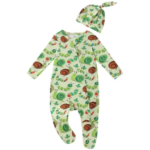 Baby One-Piece Footies Long Sleeve Rompers 2-Way Zipper, Baby Bodysuit Bamboo Clothes for Boys Girls (Caterpillar and Snails, Newborn) - Image 1