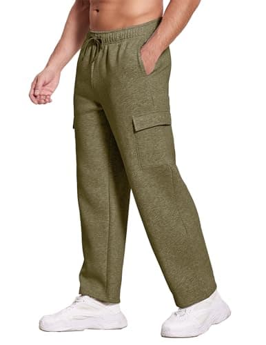 Deyeek Men's Sweat Pants Fleece Lined Cargo Sweatpants for Men Wide Leg Sweatpants Baggy Woolen Lounge Pants with Pockets Olive Green - Image 1