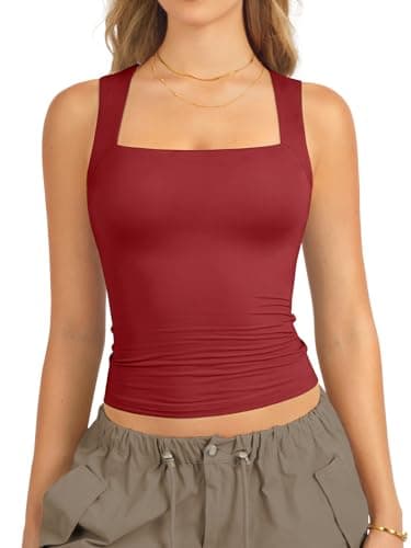 ATHMILE Tank Tops for Women Square Neck Sleeveless Double-Layer Tank Tops Basic Tight T Shirts Red - Image 1