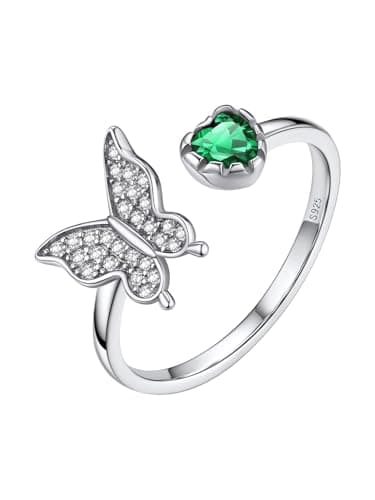Bestyle Flying CZ Butterfly Rings for Women - Sterling Silver Green Heart Emerald Rings May Birthtone Animal Butterflies Adjustables Silver Band Ring Crystal Birthday Gifts - Image 1