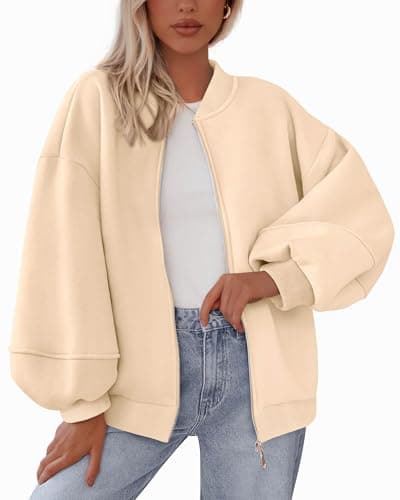 KIRUNDO Oversized Sweatshirt for Women Zip Up Bomber Jacket 2026 Fall Fashion Casual Long Sleeve Outerwear Winter Outfits(Beige, XX-Large) - Image 1