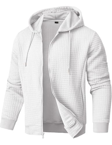 JMIERR Men Fleece Zip Collar Hooded Pullovers with Pockets Mens Sweatshirt Casua Fall Long Sleeve Shirt Tops Sweater for Men, US43(L), White - Image 1