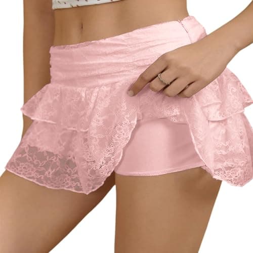 dzmelzu Lace Skirts, Y2K Lace Ruffle Layered Mini Skirt, A-Line Cute Tired Skorts, High Waist Cake Skirt XS-2XL (Large, Pink)