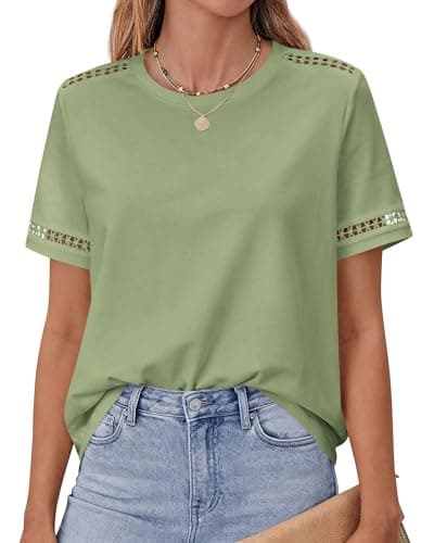 BTFBM Womens Summer Tops Lace Short Sleeve Shirts 2026 Spring Casual Loose Crew Neck Cotton Knit Cute Business Blouses(Light Green, XX-Large) - Image 1
