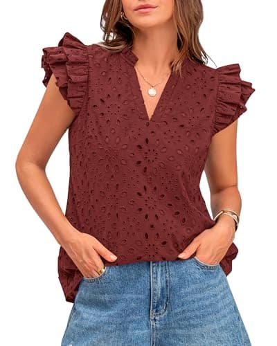 BTFBM Spring Summer Tops for Women 2026 Dressy Casual V Neck Ruffle Cap Sleeve Embroidered Eyelet Blouses Resort Wear(Brown Red, Small) - Image 1