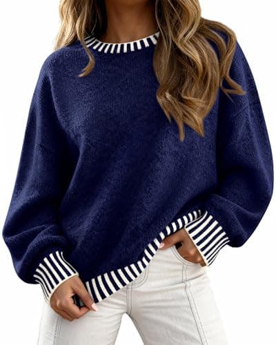 KIRUNDO Oversized Sweaters for Women 2026 Long Sleeve Crewneck Fall Tops Contrast Chunky Knit Pullover Winter Clothes(Navy, Large) - Image 1