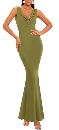 KIRUNDO Womens Summer Cowl Neck Sleeveless Satin Maxi Dress Elegant Bodycon Cocktail Wedding Guest Party Long Dresses(Army Green, XX-Large) - Image 1