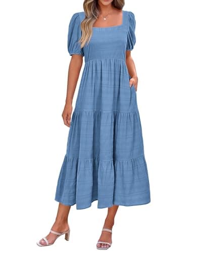 PRETTYGARDEN Women's Casual Summer Dress 2025 Short Sleeve Smocked High Waist Flowy Swing Loose Wedding Guest Dresses(Blue,X-Large) - Image 1