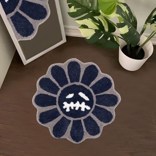 Shovagy Trippy Happy Face Rug Cool Rugs Tufted Quick Dry Bath Mats for Bathroom Non Slip Bath Mat Water Absorbent 2FT Navy Blue Bathroom Rugs Halloween Gothic Ghost Skull Horror Decor Carpet - Image 1