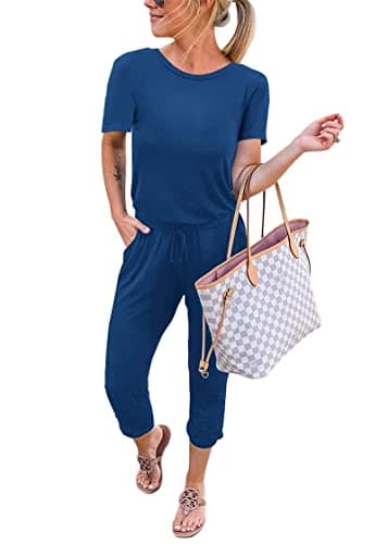 KIRUNDO Jumpsuits for Women Summer 2026 Casual Short Sleeve One Piece Outfits Drawstring Waist Long Pants Romper Jumpers(Dark Blue, X-Large) - Image 1