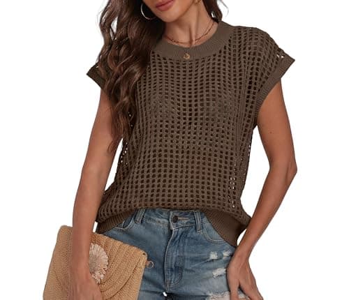 Lepunuo Women's Spring Summer Crochet Tops Cap Sleeve Knit Pullover Sweaters Cute Loose Fit Hollow Out Casual Beach Top Brown - Image 1