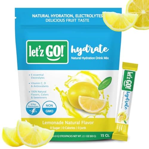Let'z Go! Hydrate- Natural Hydration + Electrolyte Drink Mix- Hydration + Electrolytes + Antioxidant Powder Packets, Natural Flavors, Vitamins C + D | No Sugar | No Calories | (15 Count) Lemonade - Image 1