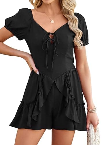 ECOWISH Women Summer Short Romper Puff Short Sleeve Tie Front V Neck Ruffle Cute Rompers Dress Outfits with Pockets Black Small - Image 1