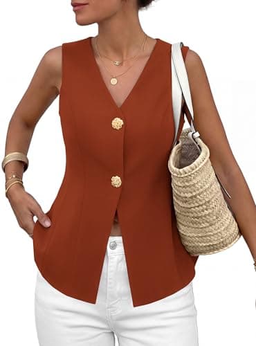 PRETTYGARDEN Womens Summer Sleeveless Suit Vest Tops 2026 Dressy Button Down Business Casual Blazer Waistcoat Spring Clothes (Brick Red,Large) - Image 1