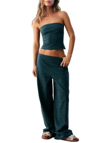 Dokuritu Matching Sets Women Clothing Summer Low Waist Sleeveless 2 Piece Set Striped Tube Top and Floor Length Pant for Beach Travel Vacation - Image 1