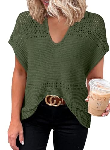 Dokotoo Womens Spring Summer Tops 2026 Dressy Casual Blouses V Neck Knit Tops Pullover Short Sleeve Sweater for Women Loose Fit Tunic Tops Polo Shirts for Women Green Tops Business Casual Clothing S - Image 1