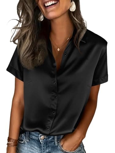 Tankaneo Womens Silk Button Down Shirts Satin Short Sleeve Collared Blouse Summer Business Casual Work Tops Black - Image 1