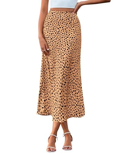 BTFBM Satin Skirts for Women Trendy Spring Summer 2026 High Waisted Leopard Print Cocktail Wedding Long Silk Midi Skirt(Dot Khaki Black, Large) - Image 1