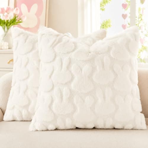 decorUhome Cream White Faux Fur Bunny Throw Pillow Covers 18x18 Set of 2
