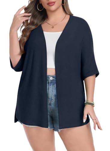 Lastshe Plus Size Cardigan for Womens Rolled Short Sleeve Lightweight Split Hem Both Sides Sweaters Wrap,Dark Blue,3X - Image 1