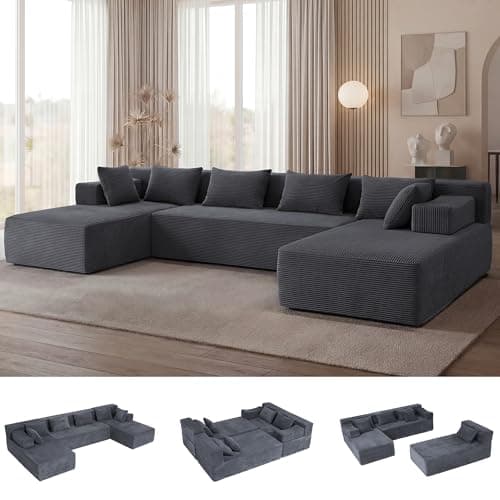 MONVANE 141'' Modular Sectional Sofa, PRO Version U-Shape Boneless Couch, Oversized Deep Seating Cloud Couch, No Assembly, High-Resilience Foam, Soft Corduroy Fabric, for Living Room Apartments Grey - Image 1