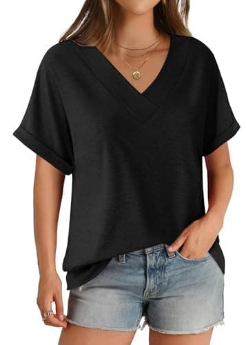 GKBK Womens Short Sleeve T Shirts V Neck Loose Fit Shirts Summer Casual Basic Tee Tops Black M - Image 1
