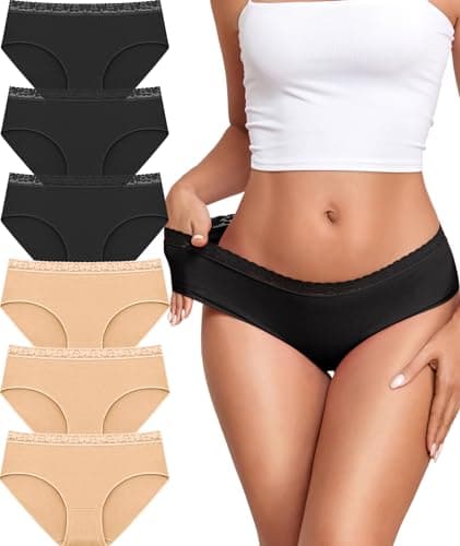 READY TO LOVE Cotton Underwear for Women 6 Pack Full Coverage Briefs Sexy Panties Lace Waistband Ladies Bikini Hipster - Image 1