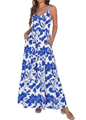 KIRUNDO Maxi Dresses for Women Summer Boho Floral Beach Vacation Sundress Spring Wedding Guest Dress Flowy Cruise Resort Wear(White Blue Flower, XX-Large) - Image 1