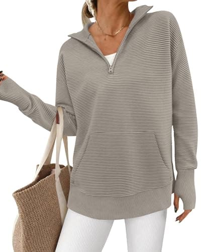 BTFBM Sweaters for Women Fall Clothes 2026 Pocket Quarter Zip Pullover V Neck Long Sleeve Knit Trendy Winter Sweater(Light Khaki, Small) - Image 1