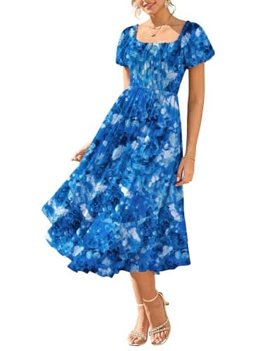 GRACE KARIN Womens Summer Dresses 2026 Puff Short Sleeve Floral Wedding Guest Dress Smocked Tiered Maxi Dress with Pockets Blue Floral 2XL - Image 1