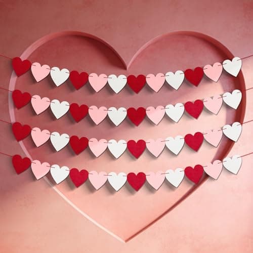 Oeyliz Valentines Day Decor Felt Heart Garland Valentines Day Banner 4 Pack Felt Red Heart Garland Banners Pre-Strung Heart Banner for Fireplace Mantel Walls Party Supplies Outdoor Home Hanging - Image 1