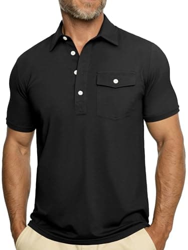 JEMLDL Men Short Sleeve Polo Shirts Stretch Slim Fit Shirt with Pocket Business Casual Summer Work Comfort T-Shirt Black XXL - Image 1