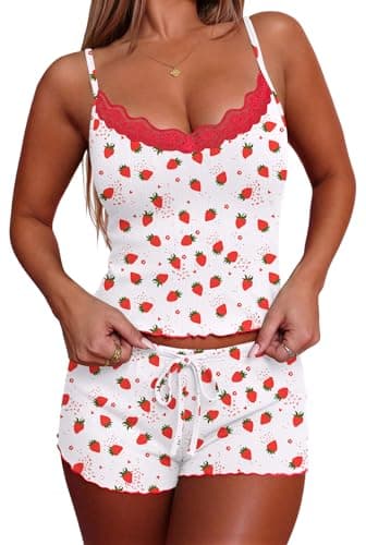 Ekouaer Women's Pajama Sets 2 Piece Sexy Lingerie Sleepwear with Pockets Lightweight Lace Cami Shorts Adjustable Straps Pjs Strawberry - Image 1