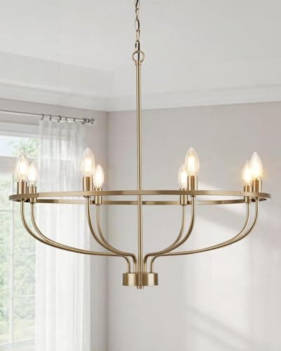 Yunnix 8 Light Champagne Bronze Chandelier, 30 Inch Large Wagon Wheel Light Fixture - UL Listed Entire Fixture - Champagne Gold Modern Farmhouse Chandelier for Dining Room, Kitchen Island, Foyer - Image 1