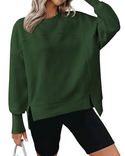 BTFBM Women's Casual Crewneck Sweatshirts 2026 Spring Long Sleeve Side Slit Workout Fleece Pullover Top Fashion Clothing(Dark Green, Small) - Image 1