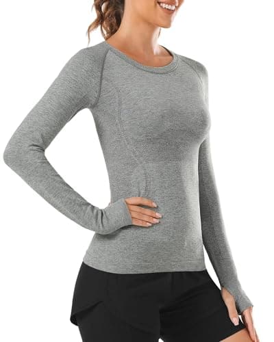Stelle Womens Breathable Seamless Shirt with Thumb Holes for Yoga Sports Running Workout Athletic Slim Fit, Grey, Small, Long Sleeve - Image 1