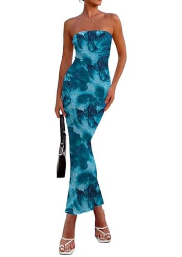 PRETTYGARDEN Women's 2026 Summer Floral Bodycon Maxi Dresses Ribbed Strapless Tube Casual Boho Party Long Dress (Floral Lake Blue,X-Small) - Image 1