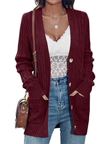 MEROKEETY Women's 2025 Fall Cable Knit Cardigan Sweater Chunky Button Up Open Front Long Sleeve Outwear Coat,Wine,M - Image 1