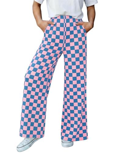 BTFBM Womens Checkered Palazzo Pants Wide Leg High Waisted Pockets Gingham Casual Lounge Pajama Trousers Summer Outfits(Plaid Blue Pink,Small) - Image 1