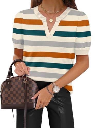 WIHOLL Summer Womens Sweaters Short Sleeve Sweater for Women 2026 Spring Tops for Women Boho Fashion Clothing Dressy Casual Business Trendy Vacation Striped Travel M - Image 1