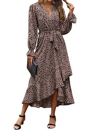 BTFBM Womens Dresses Spring Clothes 2026 V Neck Floral High Waist Ruffle Wedding Guest Cocktail Boho Long Sleeve Dress(Leopard Dot Light Khaki, Large) - Image 1