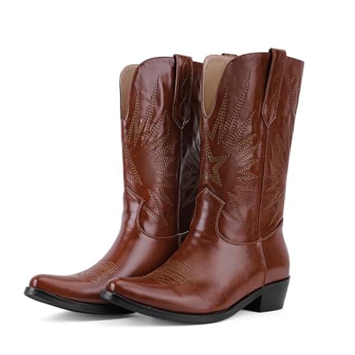 QIV Brown Mid Calf Boots for Women Short Western Cowgirl Boots With Star Embroidery Pointed Toe Low Heel Easy Pull-On Fit Size 9 - Image 1