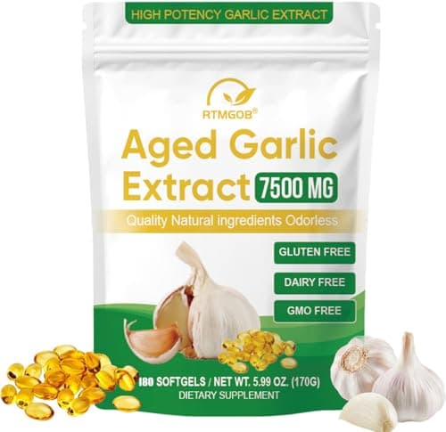RTMGOB Organic Aged Garlic Extract Supplements,7500mg Odorless,Vegetarian,All-Natural,Non-GMO,Supports Circulatory Function,& Immune Antioxidant Supplements-180 Softgels - Image 1