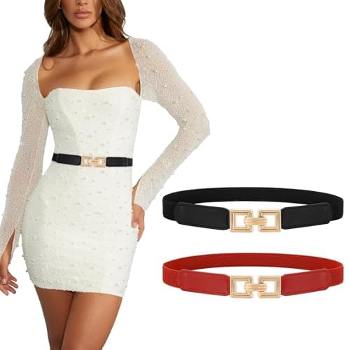 XZQTIVE 2 Pack Women Skinny Stretchy Cinch Belt for Dresses, Thin Elastic Belt Ladies Waist Belt with Retro Gold Buckle(Black+Red) Fit Waist Size 40"-45" - Image 1