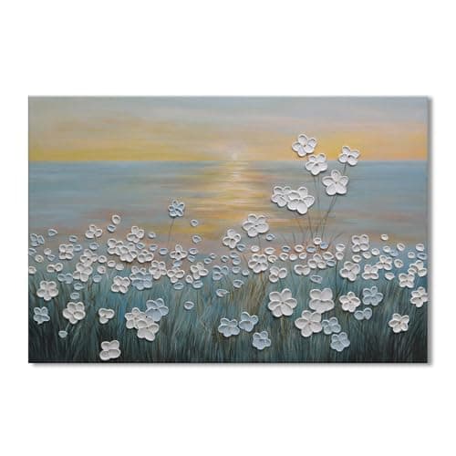 JUHOME Vintage Hand-Painted Thick Texture 3D White Flowers Abstract Oil Painting on Canvas Wall Art,Horizontal Sunset Beach Art Decor for Home Office Hall Wall Decorative,36x24 - Image 1