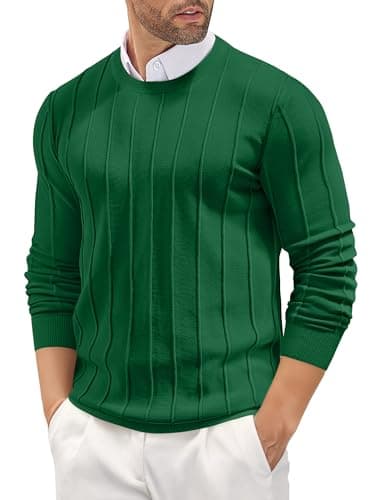 COOFANDY Mens Crew Neck Sweater Cable Knit Pullovers and Sweater Business Casual Sweatshirts Green - Image 1