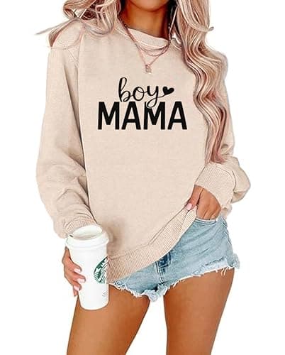 YHHR Mama Sweatshirts for Women Boy Mom Letter Print Long Sleeve Pullover Casual Crew Neck Fall Blouse Tops Apricot - Image 1